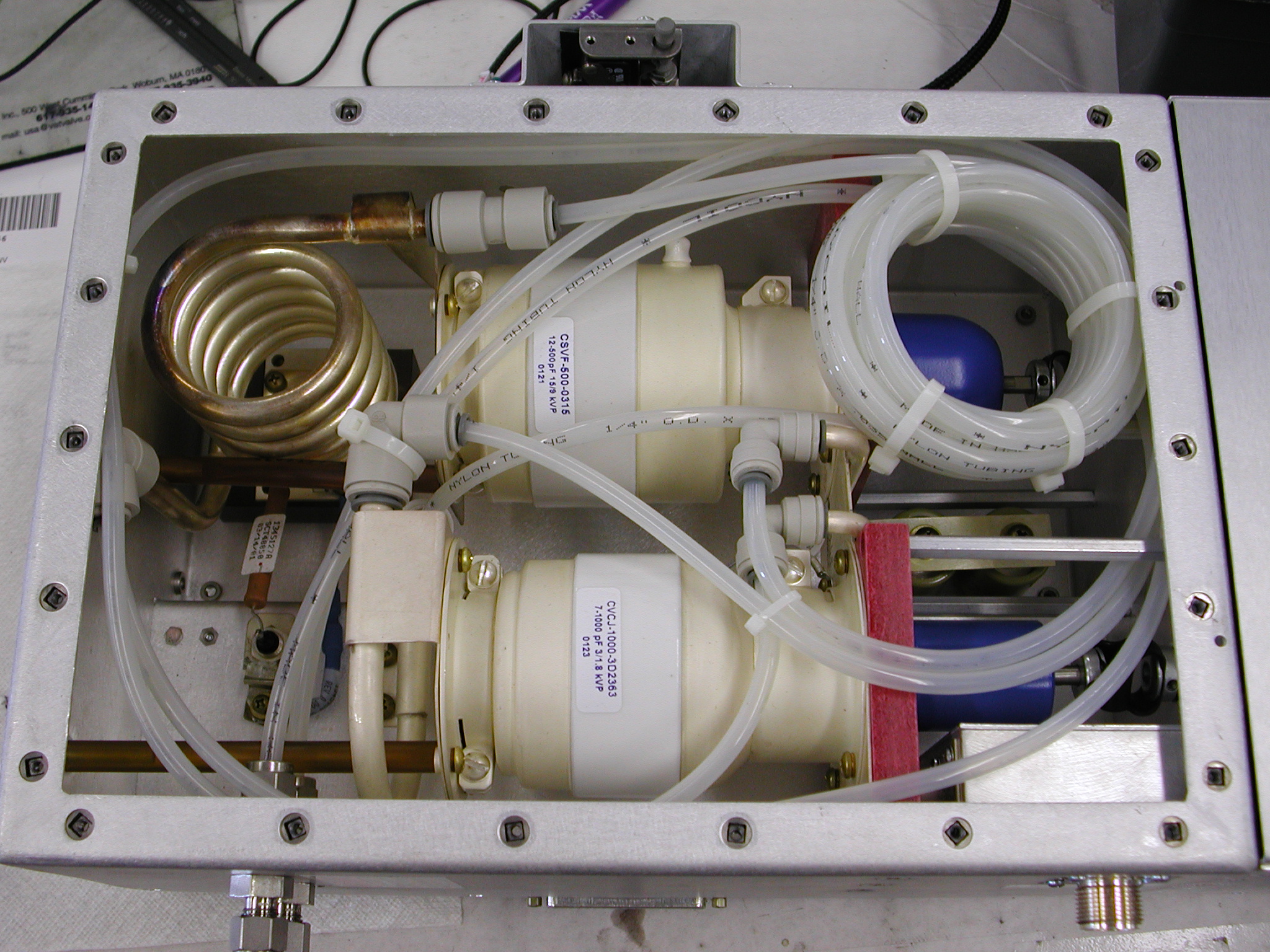 Water Cooled RF Matching Network showing the Tuning and Shunt Capacitors